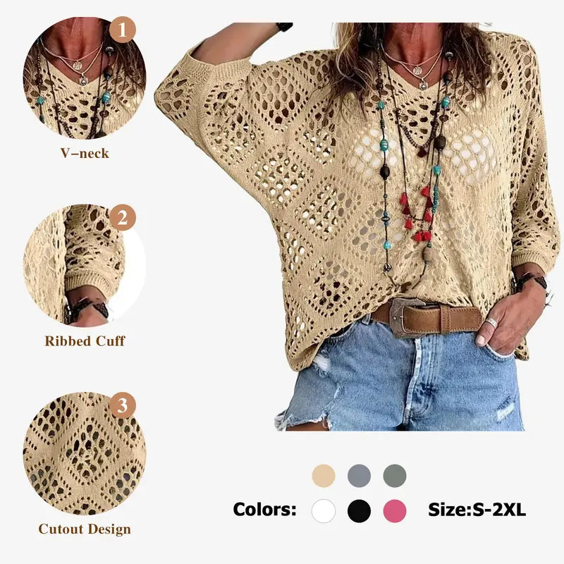 ✨✨Women's Bohemian-Inspired Beige Crochet Top with V-Neck