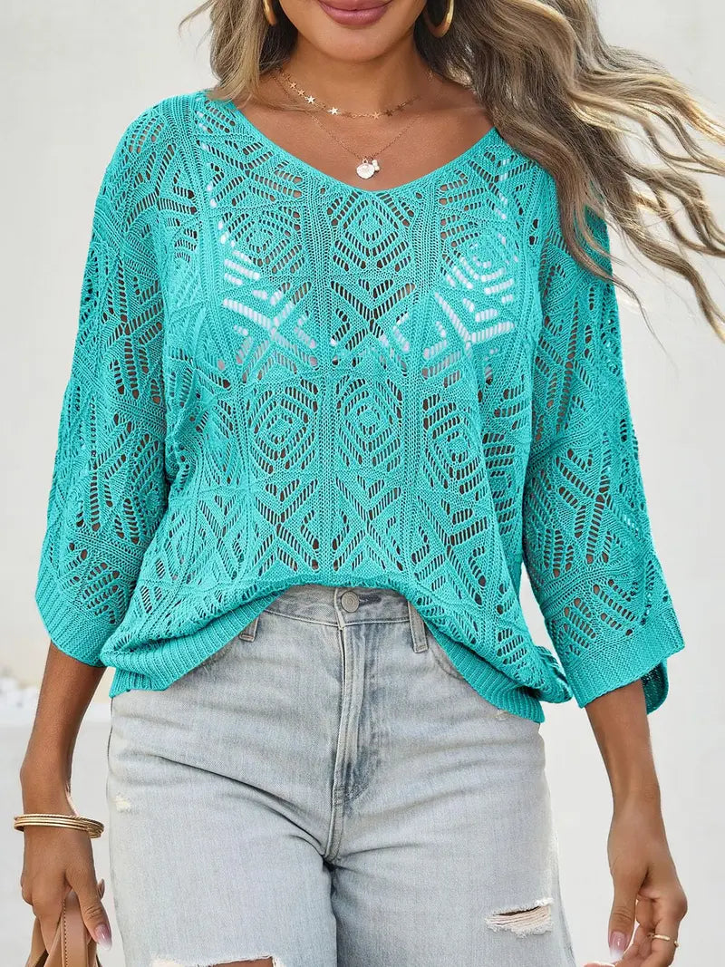 ✨✨Women's Bohemian-Inspired Beige Crochet Top with V-Neck