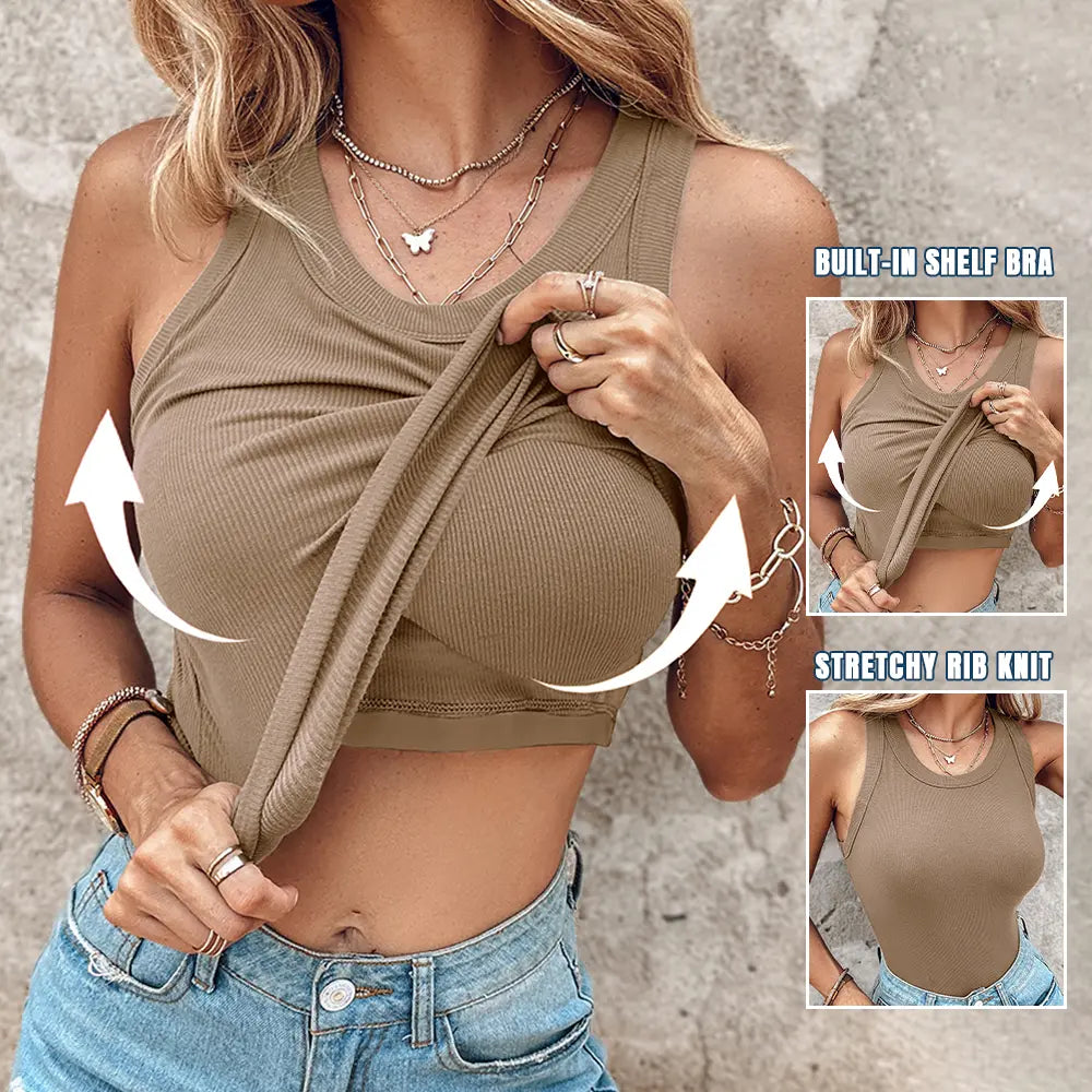 ✨✨Built-in Bra Tank Top Ribbed Racerback Tops Women Going Out Tops Everyday Basic Tanks Padded Tops