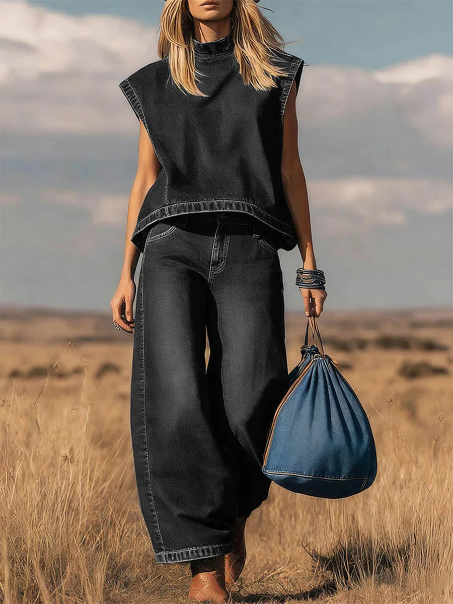 ✨✨Buy 2 Pcs Free Shipping - Women's Stand Collar Sleeveless Casual Loose Top and High Waisted Loose Wide Leg Denim Pants Set