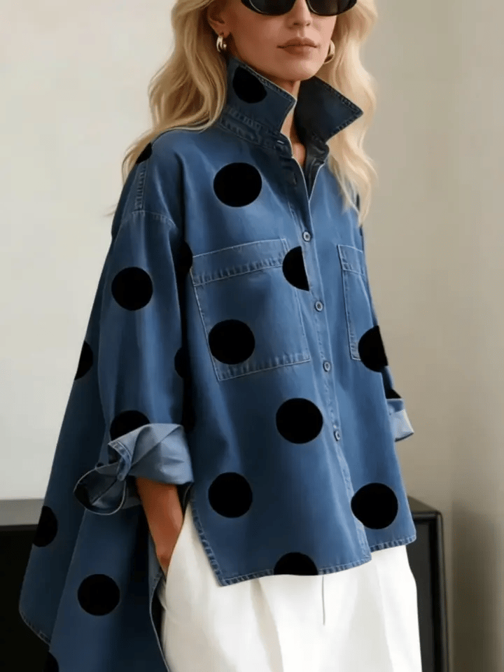 ✨✨Buy 2 Pcs Free Shipping - Elegant Artistic Polka Dot Print Stand-collar Denim Top