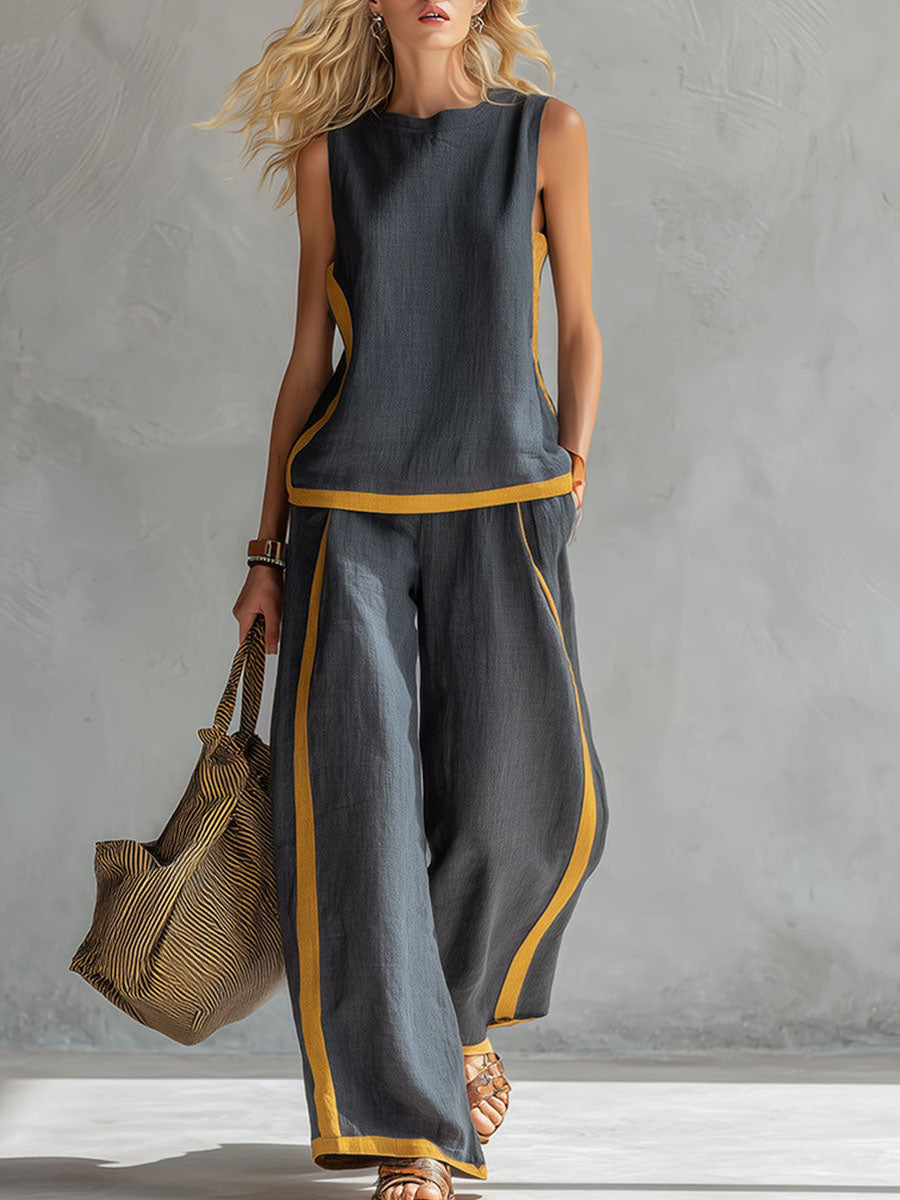 ✨✨Buy 2 Pcs Free Shipping - Women's Round Neck Sleeveless Casual Loose Top And High-waisted Loose Wide-leg Pants Cotton And Linen Set.