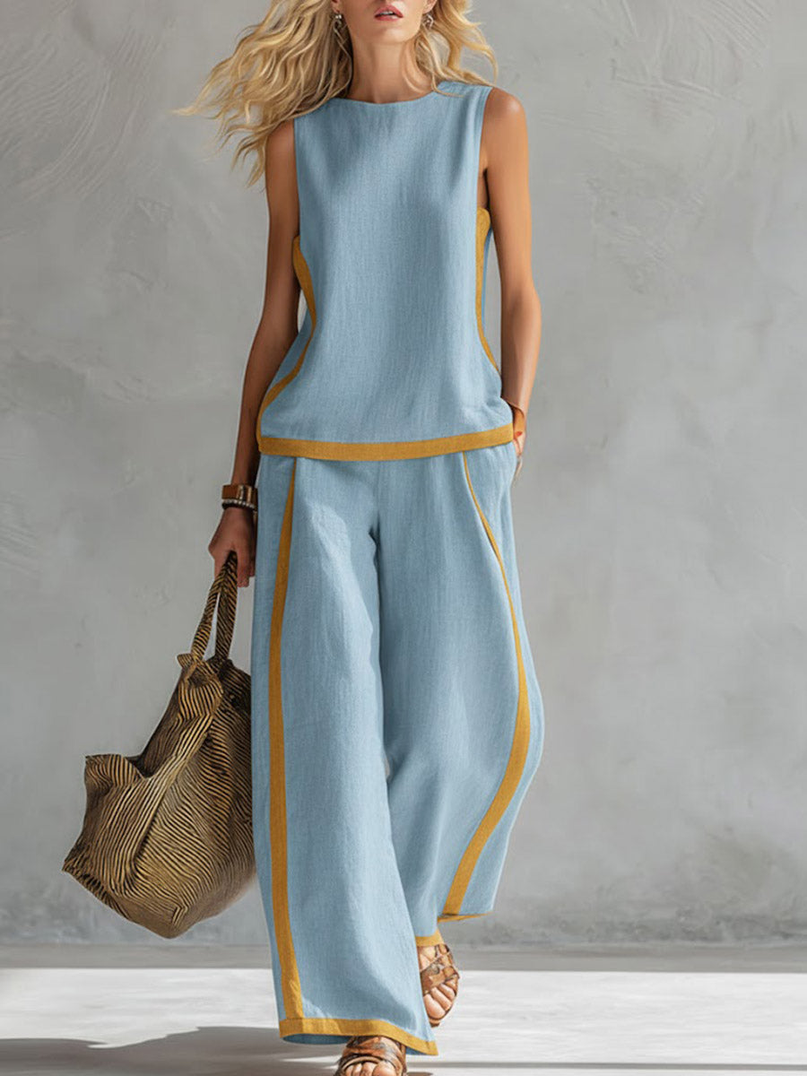 ✨✨Buy 2 Pcs Free Shipping - Women's Round Neck Sleeveless Casual Loose Top And High-waisted Loose Wide-leg Pants Cotton And Linen Set.